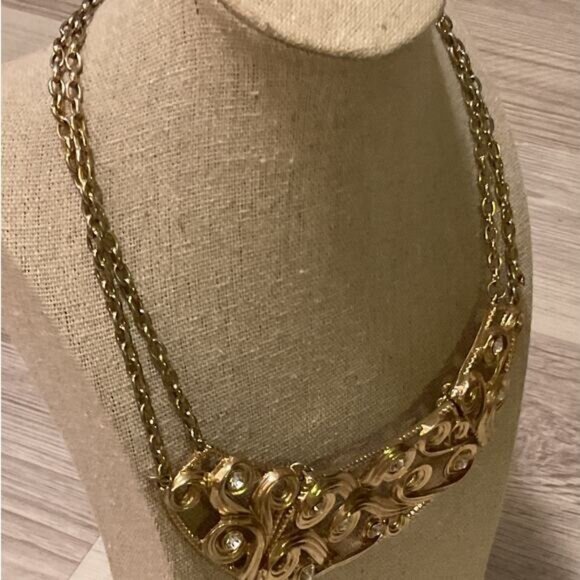 Gold Tone Clear Rhinestone Double Chain Scrolling Filigree Bib Necklace - Picture 4 of 5